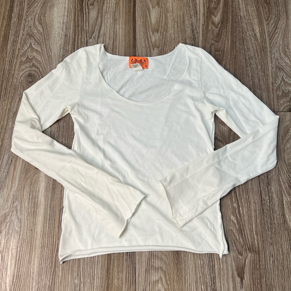 Vintage Juicy Couture White Raw Hem Long Sleeve Top Y2K Size Small 100% Cotton